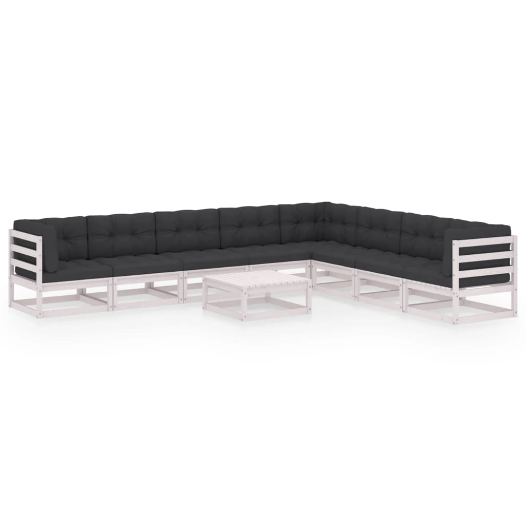 9-tlg. Garten-Lounge-Set mit Kissen Weiss Kiefer Massivholz